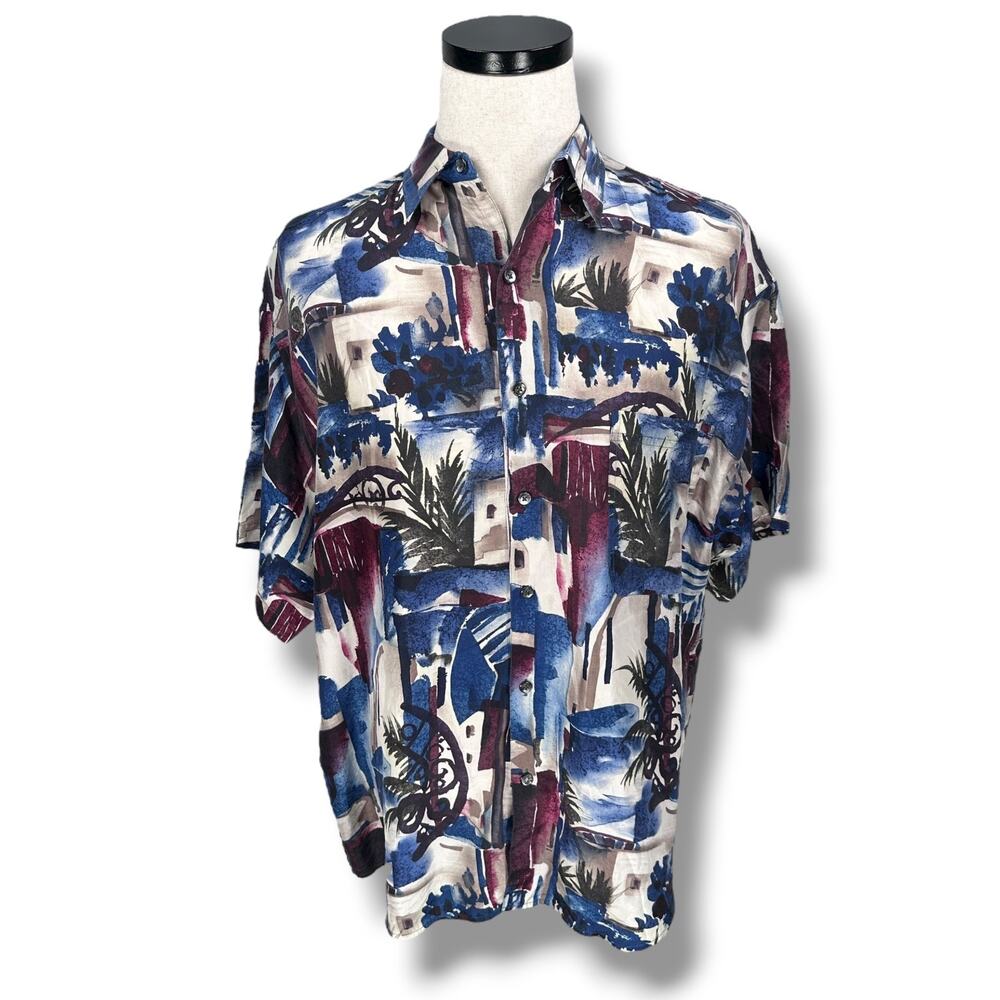 Vintage Structure Hawaiian Silk Shirt Men’s Large Multi Abstract Tropical Button